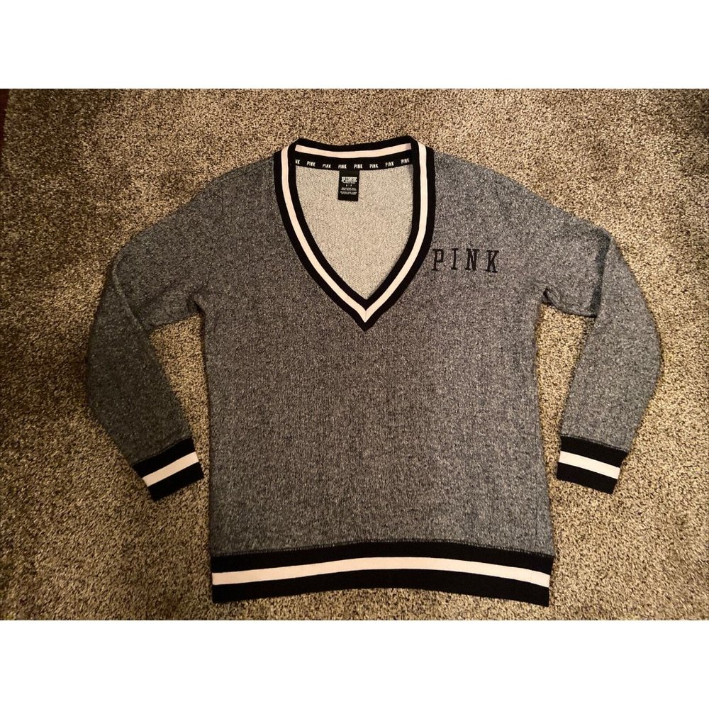 Victoria’s Secret VS Pink V-Neck Varsity Crew Sweatshirt Oversize Black/White SM